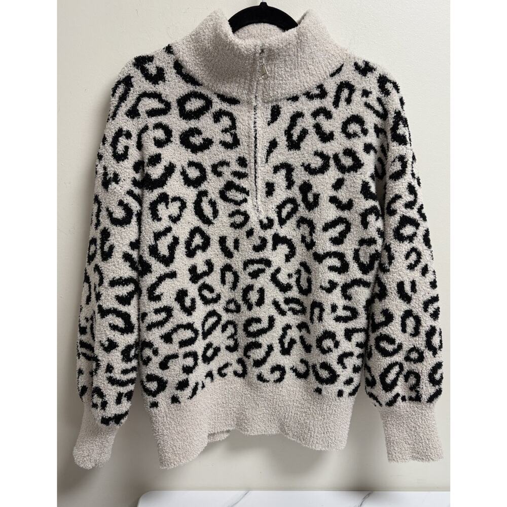 Sweet Lovely by Jein Women’s Sweater‎ S/M Beige Black Leopard Print Half Zip